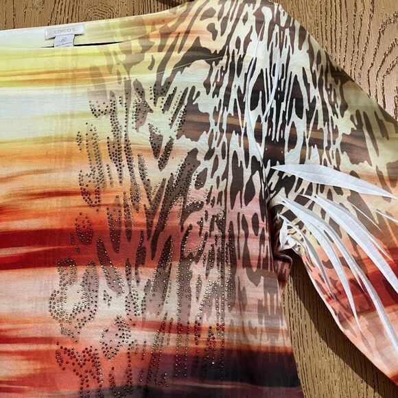 Chico’s Women Red Multi “SUNSET” Nature Inspired Print 3/4 Sleeve Top Sz-L - Picture 3 of 6